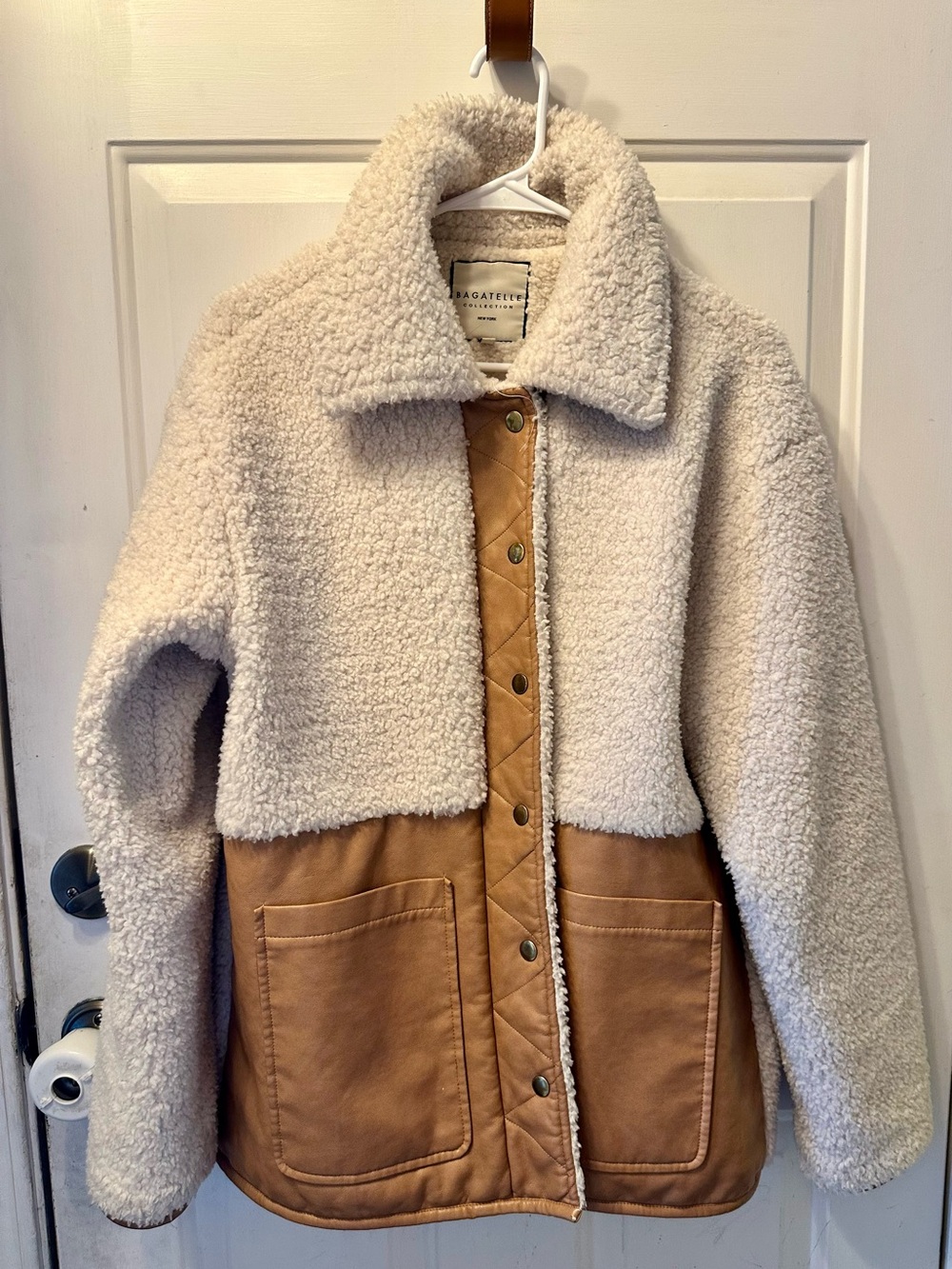 Bagatelle Collection Sherpa Barn Coat Faux Leather Tan Cream Mixed Media Jacket